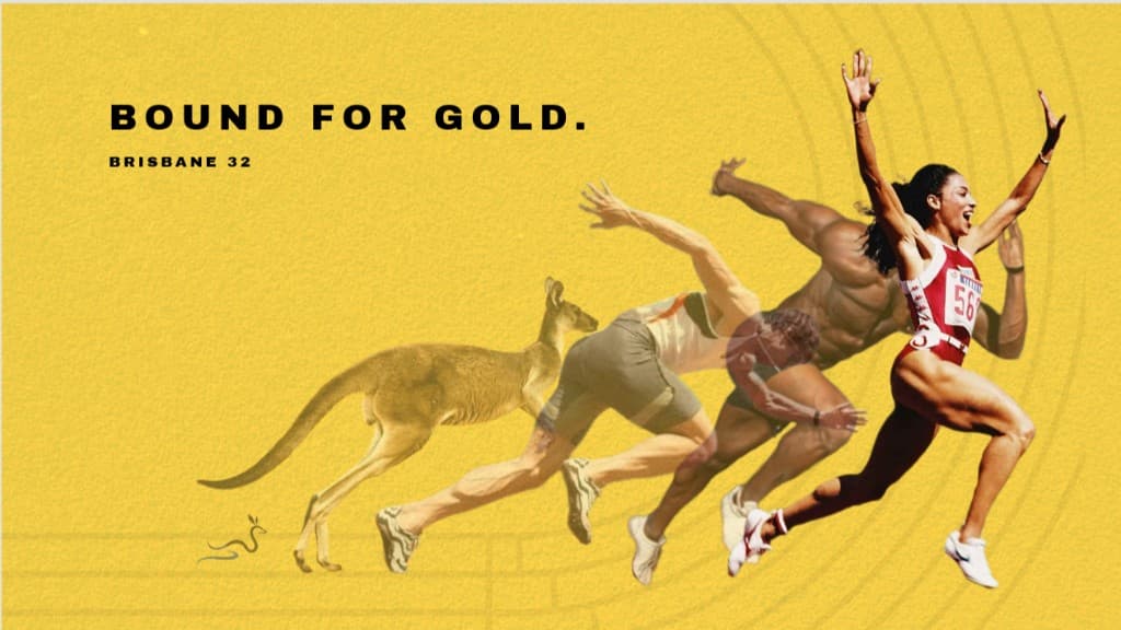 Bound for Gold Brisbane 2032 billboard showing kangaroo to athlete motion
