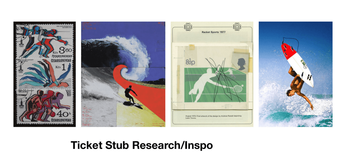 Ticket design inspiration including sport graphics and surf photography